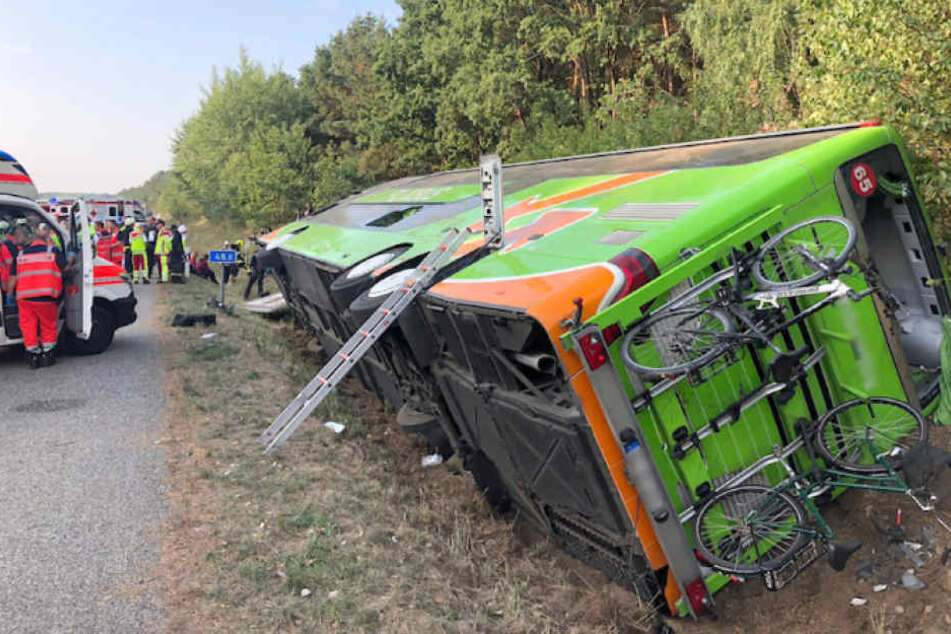 Der umgekippte Fernbus liegt auf der Seite im Graben neben der A19.