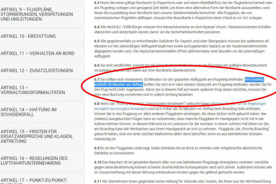 In den Vertragsbedingungen steht klar geregelt: "Einstieg bis 20 Minuten vor Abflug".