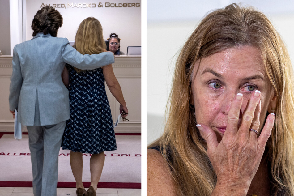 Script supervisor on the film Rust Mamie Mitchell (r.) got emotional and was comforted by her lawyer (l.) at a press conference after filing a lawsuit against actor-producer Alec Baldwin and other producers of the film after its fatal on-set shooting.