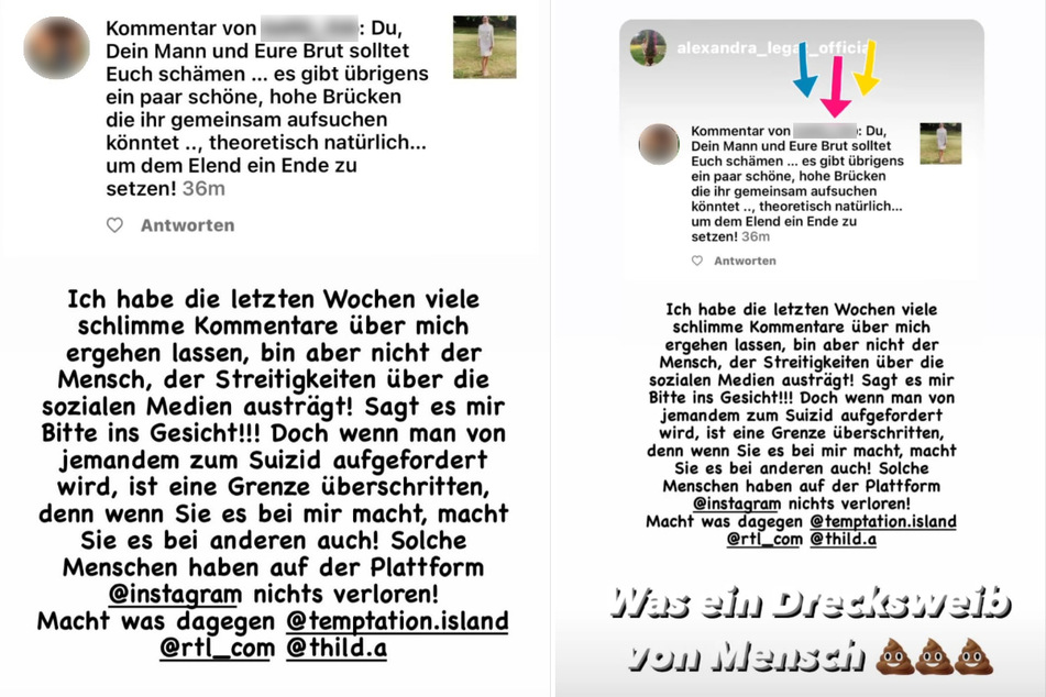 Alexandra Legat teilt die Hassnachricht in einer Instagram-Story, auch ihr Mann reagiert.