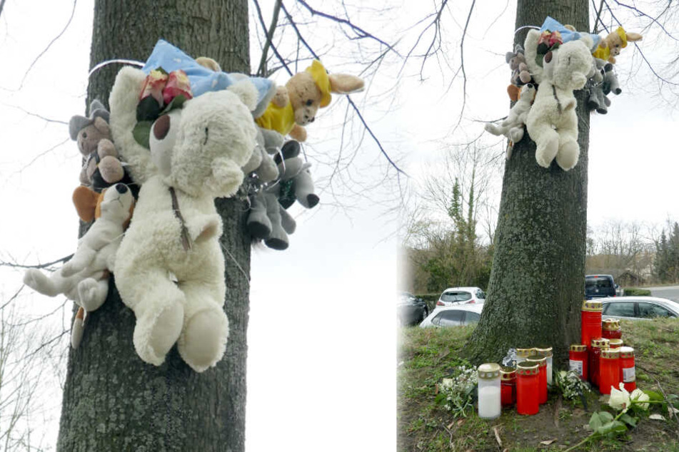 Trauernde haben Plüschtiere an einen Baum gebunden und Kerzen aufgestellt. Die Stadt Grimma sammelt Spenden für den Jungen (12), der seine Familie verlor.