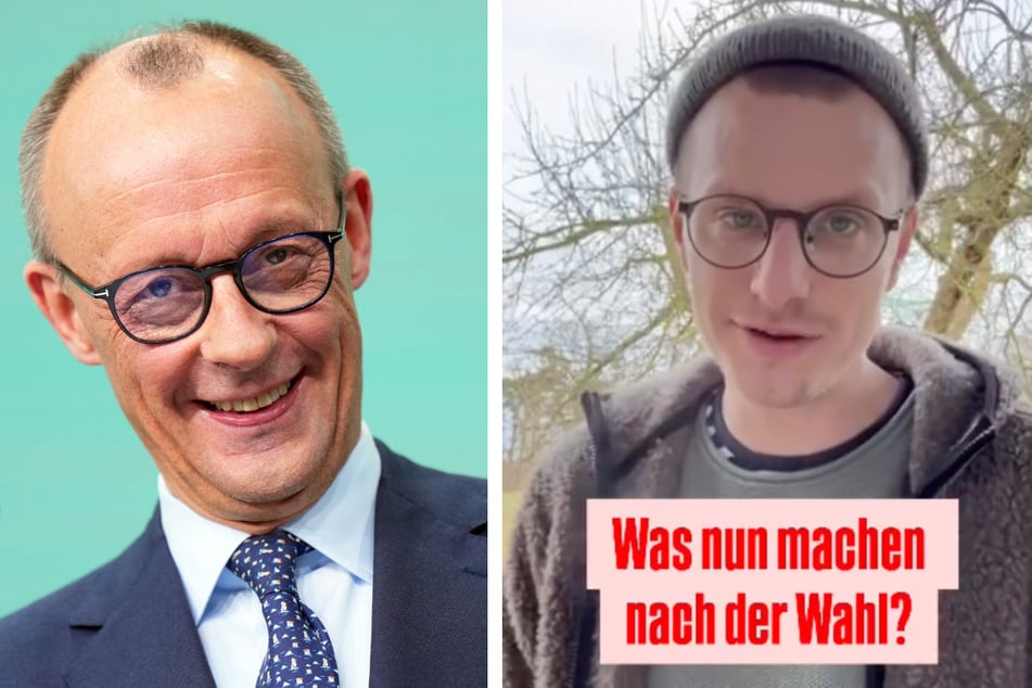 Friedrich Merz (69, l.) als neuer Bundeskanzler? Für Moritz Neumeier (37) offensichtlich keine gute Wahl.