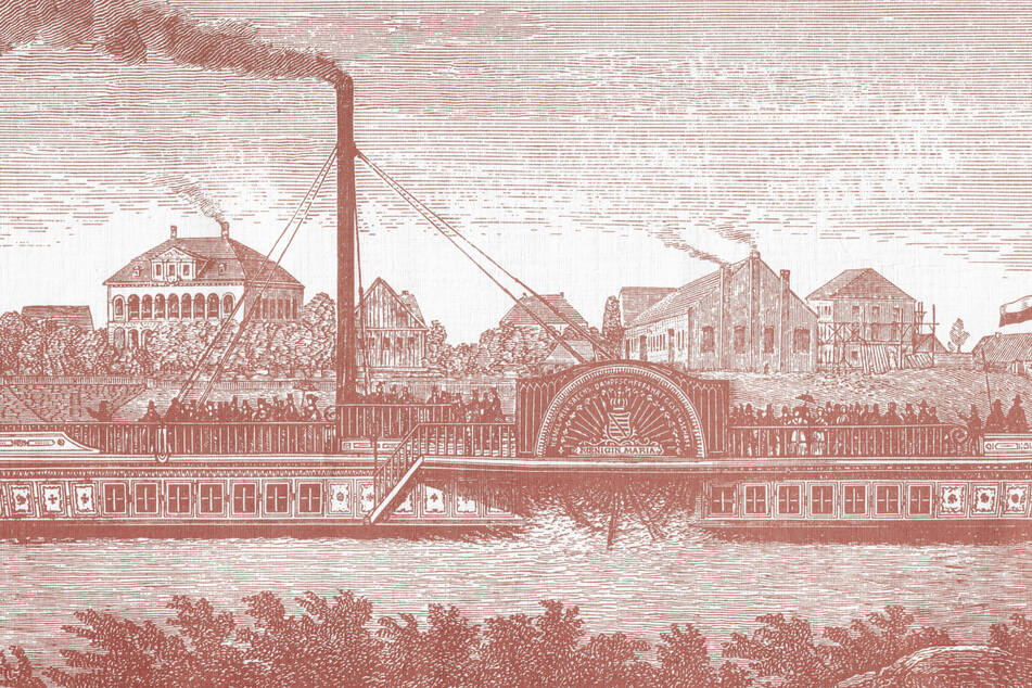 Der historische Stich zeigt das Dampfschiff "Königin Maria" vor Schloss Übigau.
