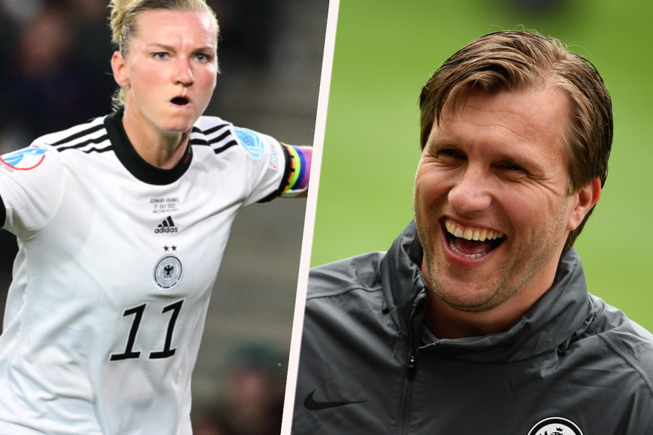 Eintracht-Sportvorstand Markus Krösche (41, r.) sieht viele Parallelen zwischen dem Weg seiner Mannschaft in der Europa League und dem von Alexandra Popp (31) und den deutschen Fußball-Frauen bei der EM.