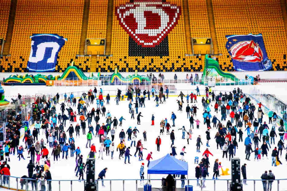 Eislaufen im Dynamo-Stadion war am Sonntag ein echter Besuchermagnet.