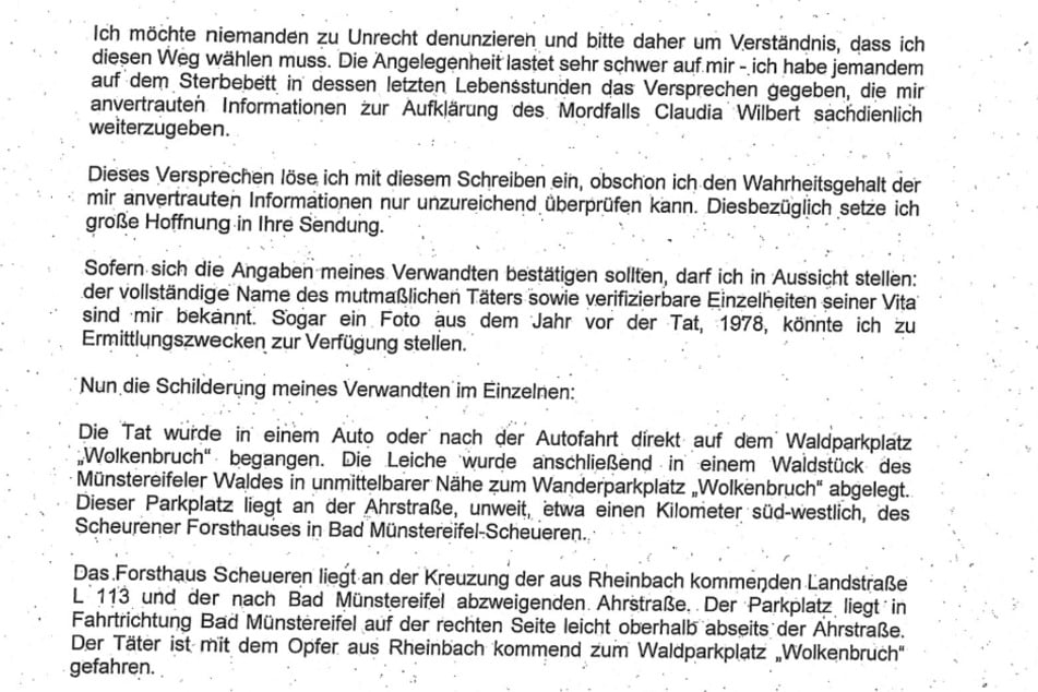 Auszug aus einem anonymen und mehrere Seiten langen Brief, der die Polizei zum Mordfall Claudia W. erreicht hat.