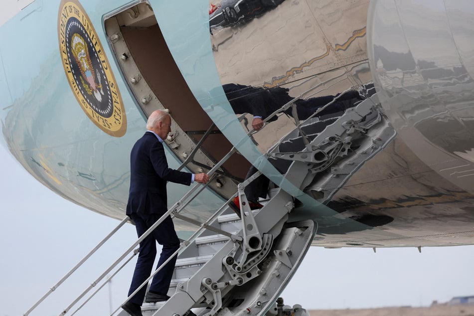 President Joe Biden boards Air Force One as he departs for Manaus, Brazil, at Jorge Chavez International Airport in Callao, Peru, on November 17, 2024.