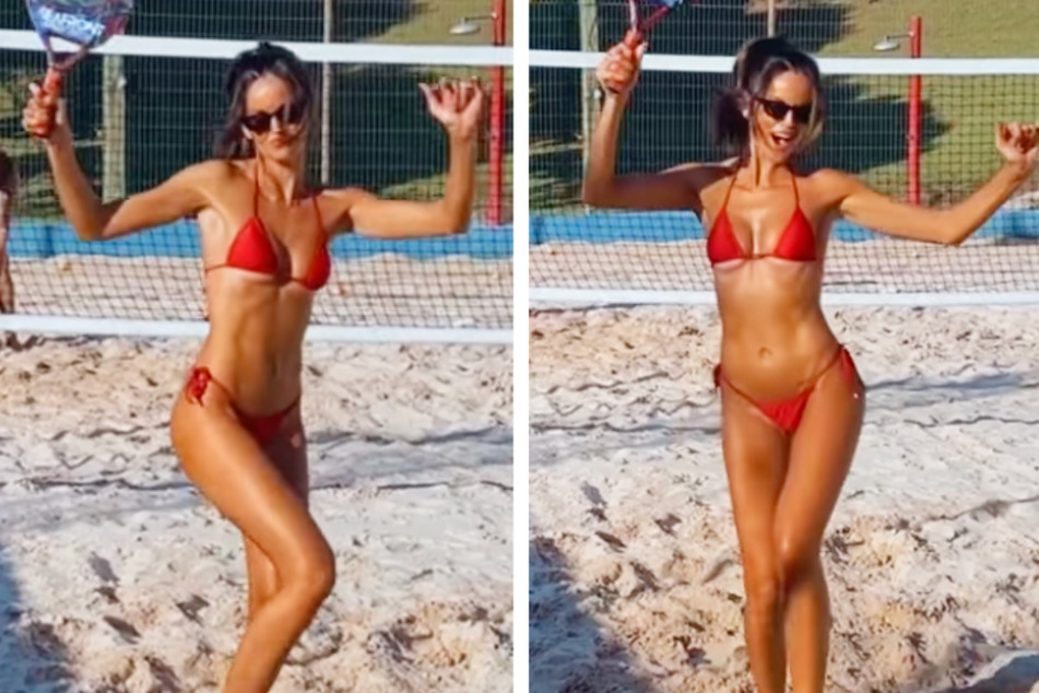 Model Izabel Goulart (37) feierte einen gewonnenen Punkt im Beach Tennis mit einem Tanz im knappen Bikini.