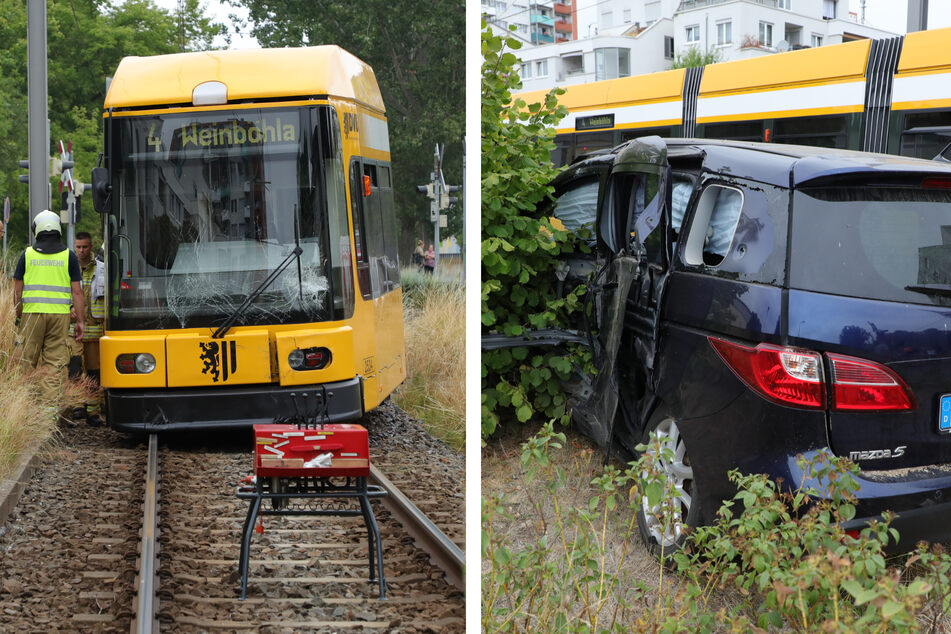 Mazda kollidiert in Coswig mit Straßenbahn: Auto schleudert in Graben, Linie 4 entgleist!