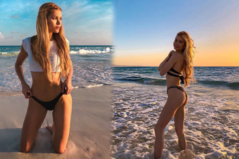 Da dürfte so mancher Mann schwach werden: Pamela Reif (23) posiert im Bikini auf Fuerteventura. (Fotomontage)