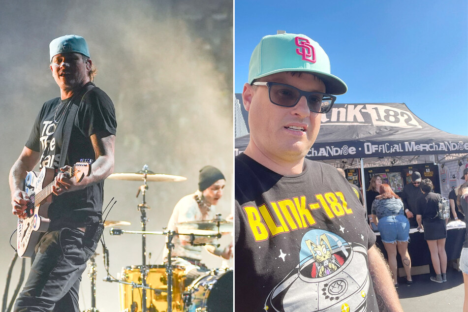 As the search for the tourist submarine that recently disappeared on its way to the Titanic continues, Brian Szasz (r.), the stepson of one of the passengers, is being criticized for appearing to "celebrate" at a Blink-182 (l.) concert.