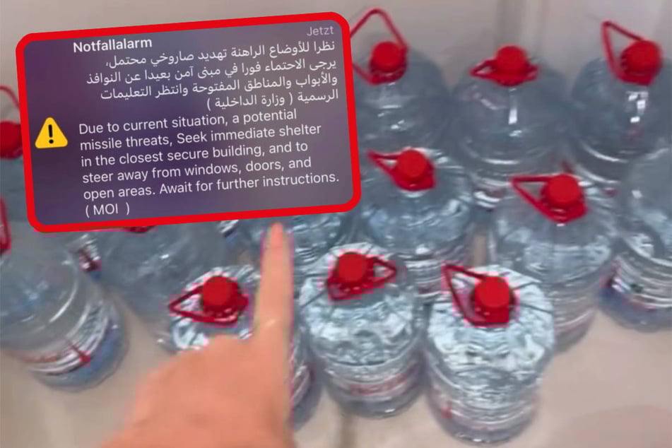 Nathalie Bleicher-Woth hat sich vorsichtshalber einen Wasservorrat zugelegt. Oben eingeklinkt eine Warnmeldung, die sie in ihrer Story bei Instagram geteilt hat.