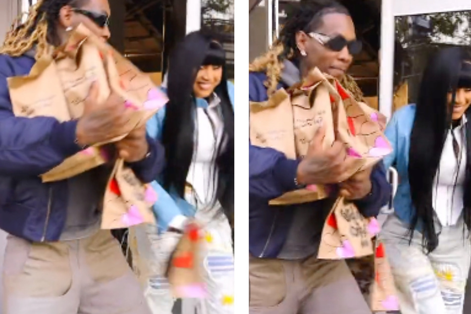 Cardi B (30) and Offset (31) running out of McDonald's with multiple orders of their meal.