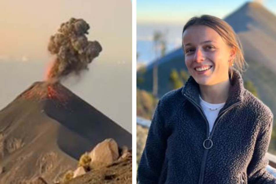 Eigentlich wollte Katie (25) ein Foto, auf dem der Vulkan hinter ihr bestens zu sehen ist.
