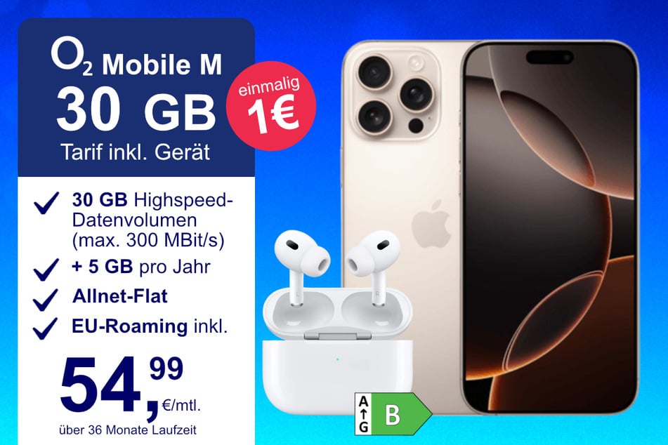 Das iPhone 16 Pro Max + AirPods Pro im o2 Mobile M für einmalig 1 Euro.