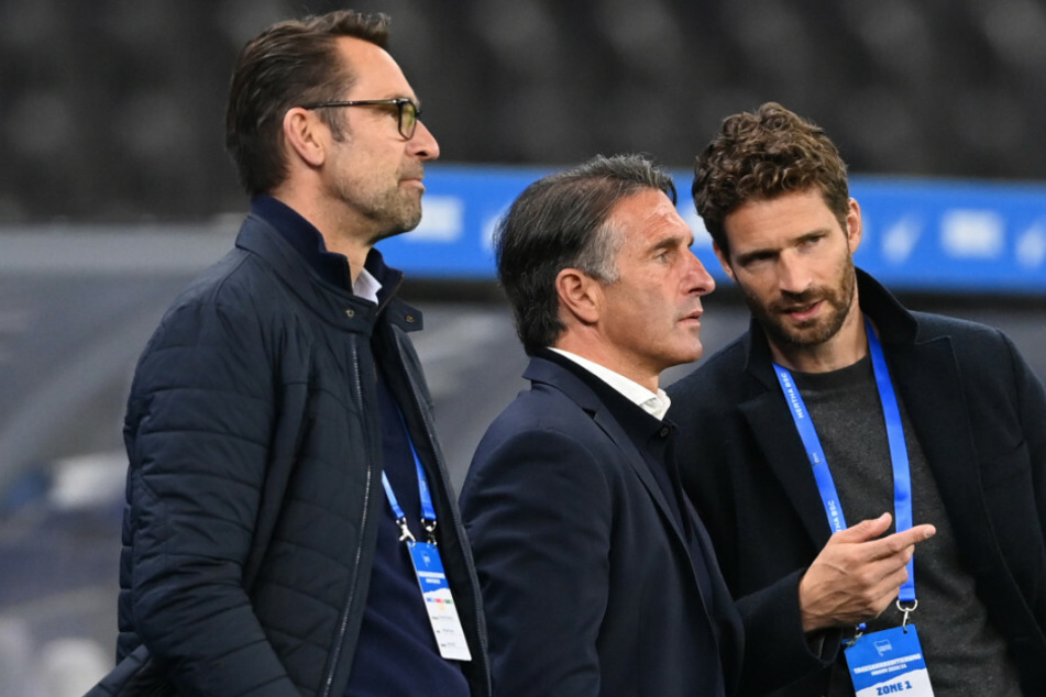 Herthas Manager Michael Preetz (53, l-r), Trainer Bruno Labadia (54) und Sportdirektor Arne Friedrich (41) stehen vor Spielbeginn nebeneinander.