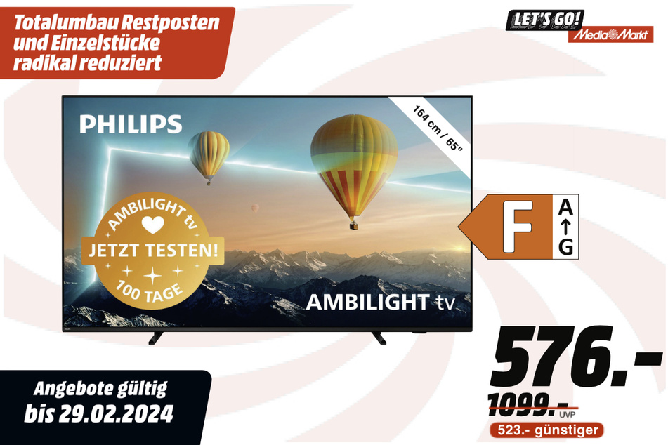 65-Zoll Philips-Fernseher für 576 statt 1.099 Euro.