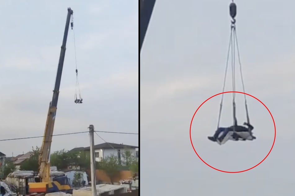 A nap with consequences: Here a sleeping man dangles from a crane