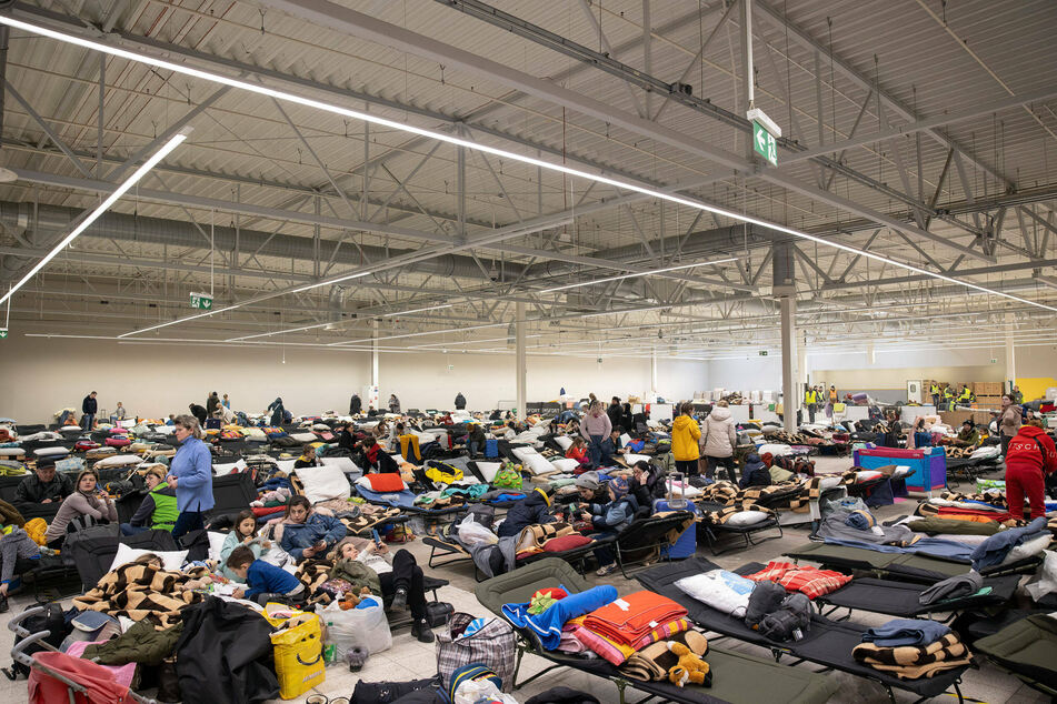 A temporary reception area in a warehouse on outskirts of Przemysl in Poland.