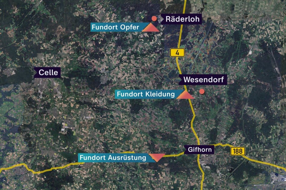 Zwischen Gifhorn und Räderloh wurden die menschlichen Überreste sowie Kleidung und Ausrüstung des Opfers entdeckt.