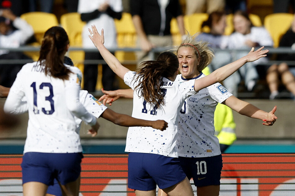 Lindsey Horan celebrates after scoring USWNT's first goal against the Netherlands.