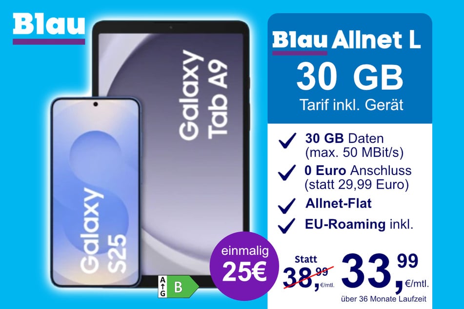 Das Samsung Galaxy S25 + Galaxy Tab A9 im Blau Allnet L für einmalig 25 Euro.