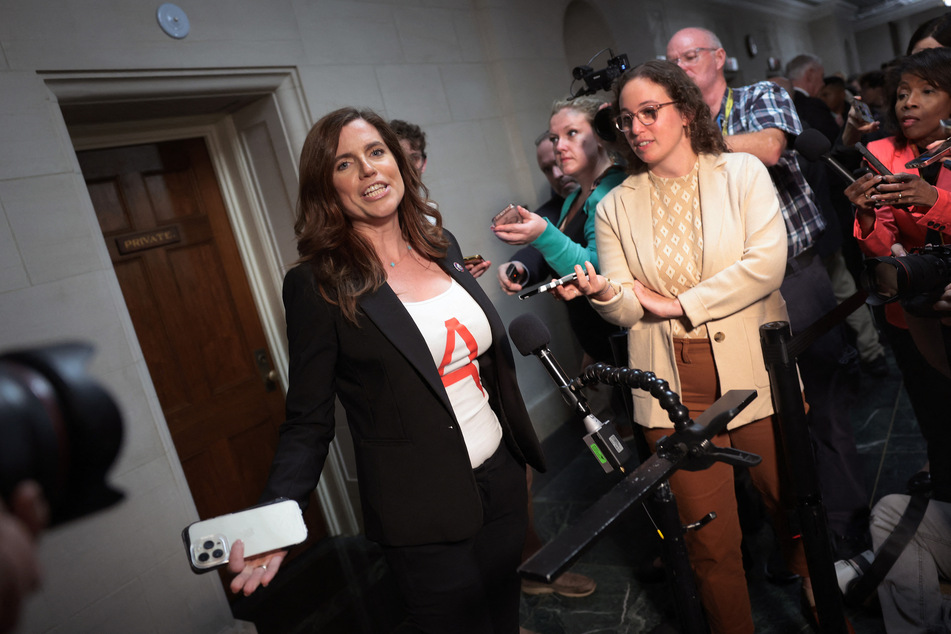 Nancy Mace speaking to the media following a meeting of House Republicans hearing from members running for House speaker in Washington, DC on October 10, 2023.