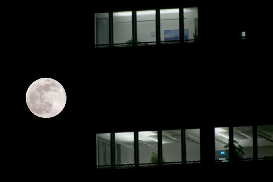 Auch in Köln: Der Vollmond leuchtet am Abendhimmel neben einem Bürogebäude.