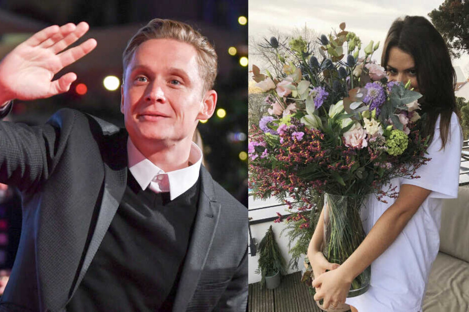 Verliebte Turteltauben: Matthias Schweighöfer schenkt seiner Freundin Blumen.