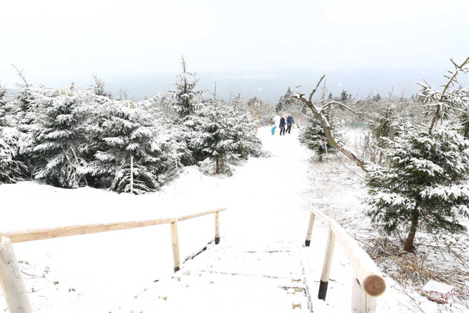 Am Samstagmorgen waren schon die ersten Fichtelberg-Besucher im Schnee unterwegs.