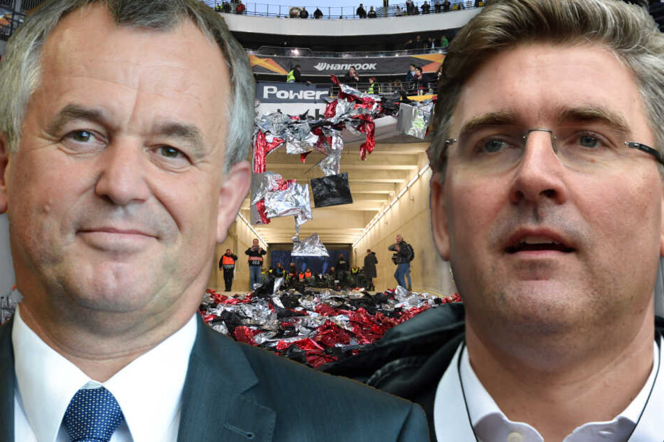 Fotomontage: Frankfurts Polizeipräsident Gerhard Bereswill (Li.) und Eintracht-Vorstand Axel Hellmann sprachen am Freitag über die Vorfälle vor dem Europa League-Match gegen Schachtar Donezk.