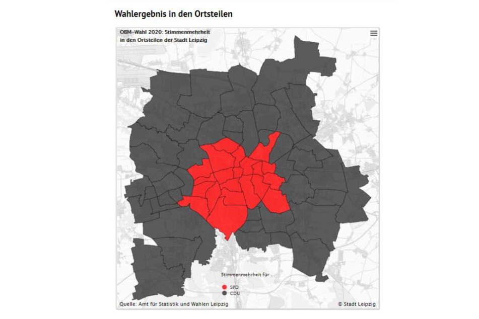 Der Leipziger OB-Wahlatlas: CDU-schwarz dominiert, aber die einwohnerstarken Stadtteile in Mitte und Süd sind SPD-rot.