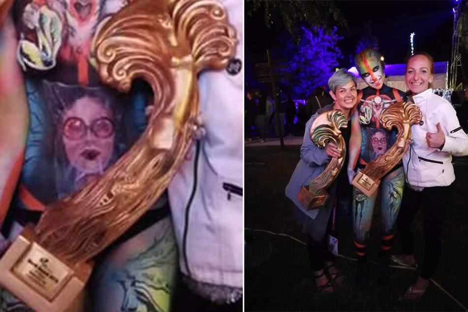 Silke Kirchhoff (li.) hat es unter 58 Künstlern auf den dritten Platz bei der Bodypainter-Weltmeisterschaft in Klagenfurt geschafft.