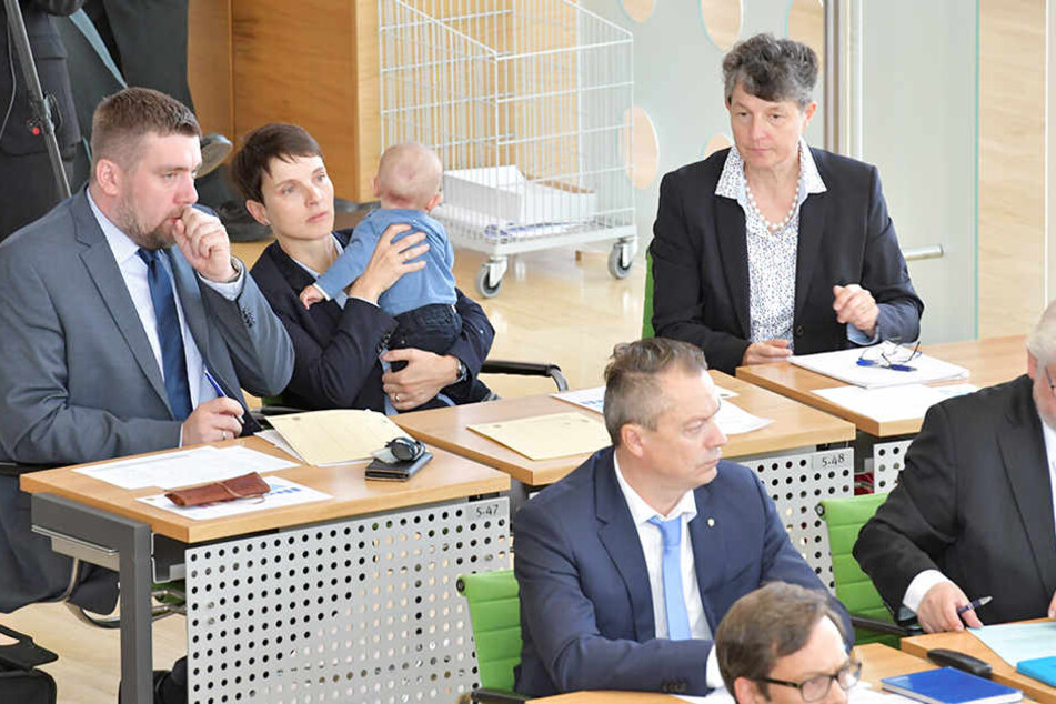 Die drei Abtrünnigen Uwe Wurlitzer, Frauke Petry (mit Sohn Ferdinand) und Kirsten Muster (hinten, v.l.n.r). saßen bei der Landtagssitzung in der letzten AfD-Reihe. Sie wurden von mehreren früheren Kollegen aber mit Handschlag begrüßt.
