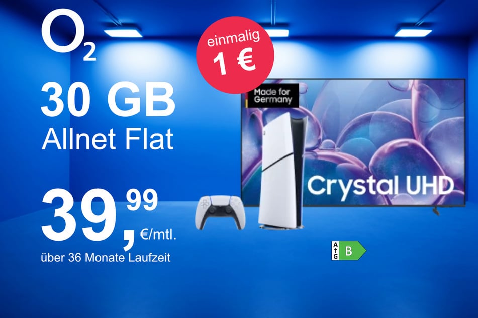 Der 65-Zoll Samsung TV (GU65U7079FUXZG) + PS5 Digital-Edition im o2 Mobile M für einmalig nur 1 Euro.