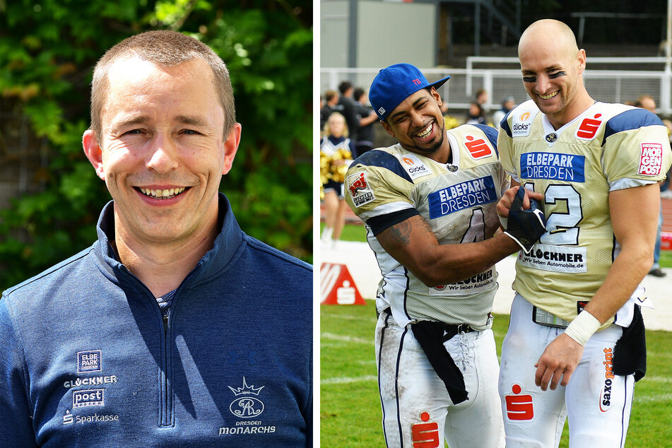 Jörg Dreßler (l.) und zwei bärenstarke Amis! Quarterback Jeff Welsh (r.) und Runningback Trevar Deed bildeten ein überragendes Gespann, führten die Dresden Monarchs 2013 bis in den German Bowl.