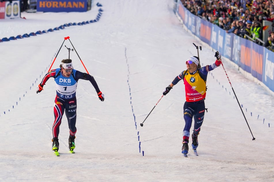 Eric Perrot (25, r.) und Sturla Holm Lægreid (29) sind am Sonntag ebenfalls mit in Dresden dabei, dann allerdings auf Roll-Ski und ohne Schnee.