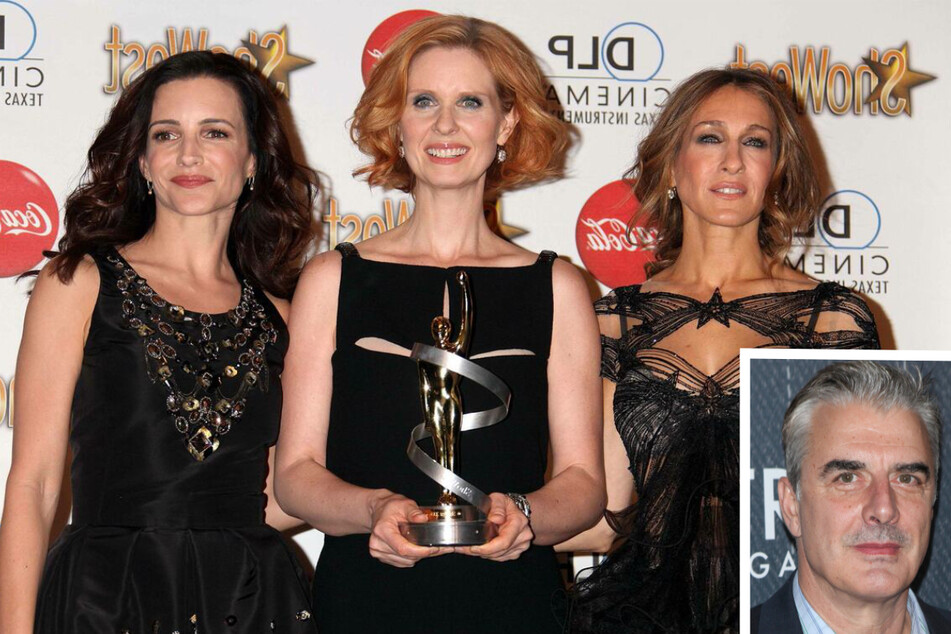 On Monday, Sarah Jessica Parker (r), Cynthia Nixon (m), and Kristin Davis (l) issued a joint statement regarding the accusations of sexual assault against Chris Noth (inset r).