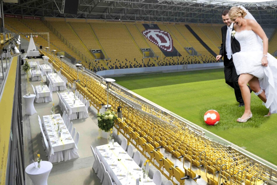 Weiß gedeckte Tische im Rudolf-Harbig-Stadion. Wer Fußball liebt, kann hier Hochzeit feiern.