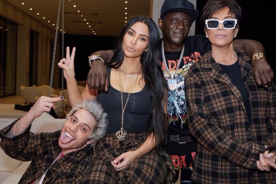 Kim Kardashian (middle l.) surprised Pete Davidson (l.) with a birthday bash, where Flava Flav (middle r.) and Kris Jenner (r.) were also in attendance.