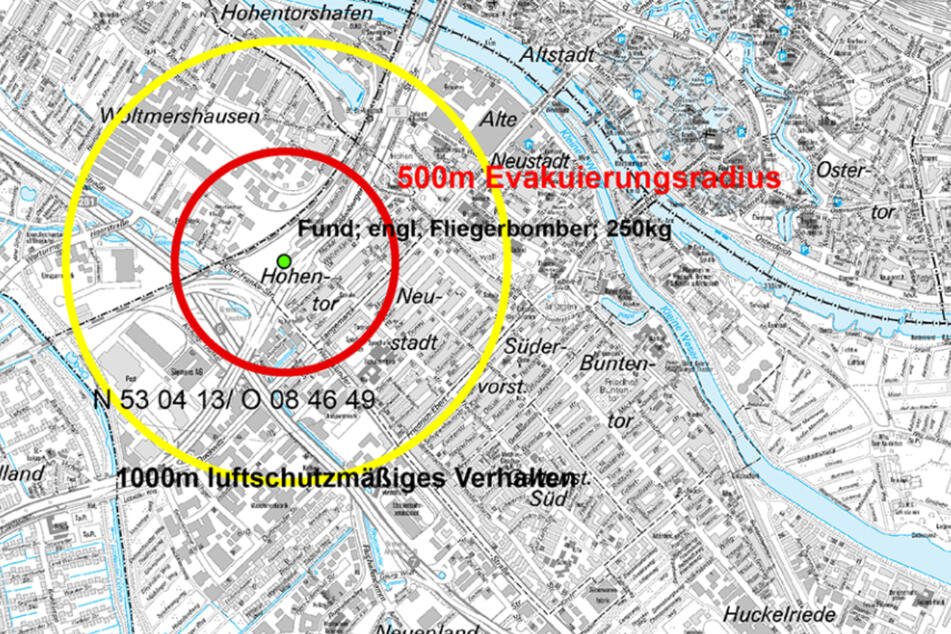 Die Polizei Bremen hat eine Grafik mit dem Fundort und dem angeordneten Evakuierungsradius veröffentlicht.