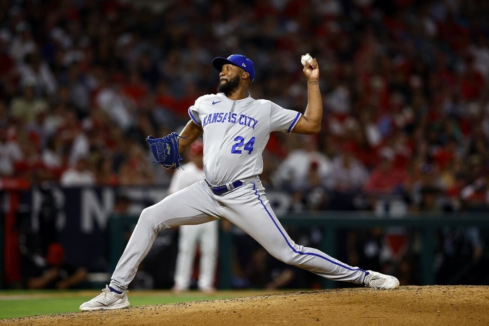 Amir Garrett of the Kansas City Royals pitches in a game against the Los Angeles Angels in the seventh inning at Angel Stadium.