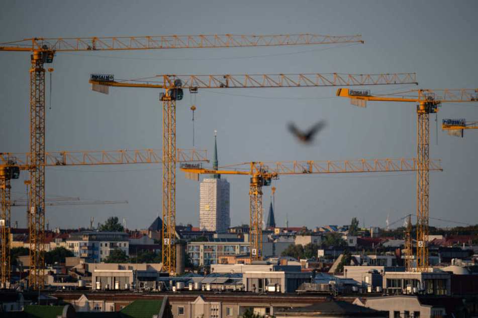 Kräne stehen durch die Berliner Skyline über dem Bezirk Mitte.