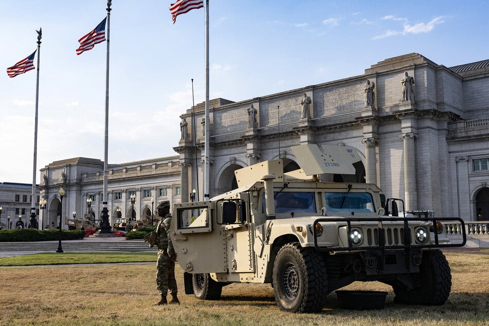 National Guard members patrol at Union Station in Washington, DC, on Friday.