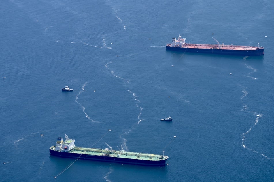 An aerial photo shows tankers waiting offshore to enter the Port of Los Angeles, California.