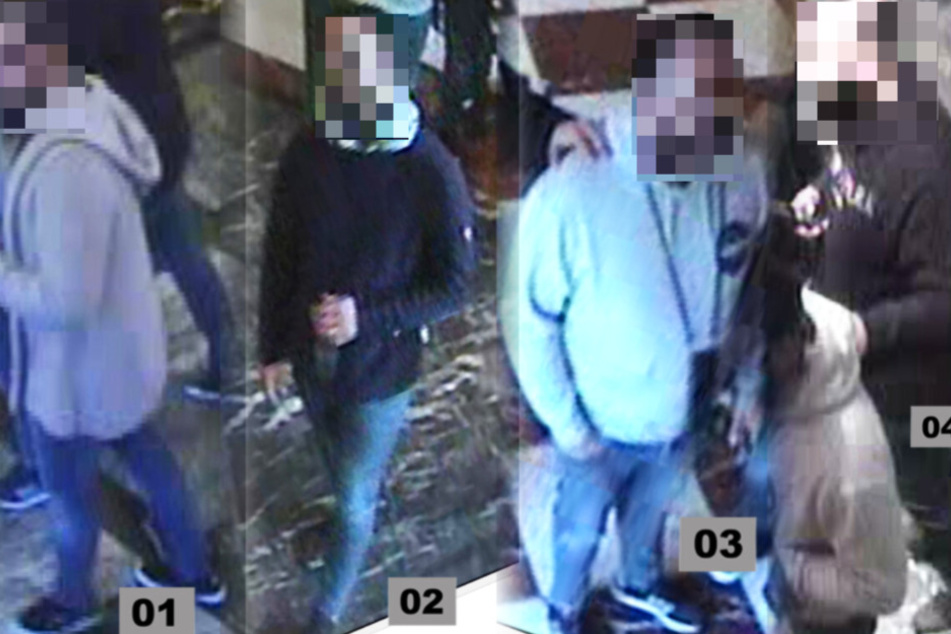 Einzelbilder der Kameraaufnahmen zeigen die vier Tatverdächtigen im Detail.