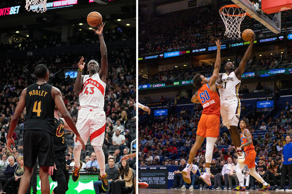 Left: Toronto Raptors forward Pascal Siakam shoots over Cleveland Cavaliers forward Evan Mobley during the second half at Scotiabank Arena. Right: New Orleans Pelicans forward Zion Williamson shoots the ball against Oklahoma City Thunder forward Jeremiah Robinson-Earl during the first half at Smoothie King Center.