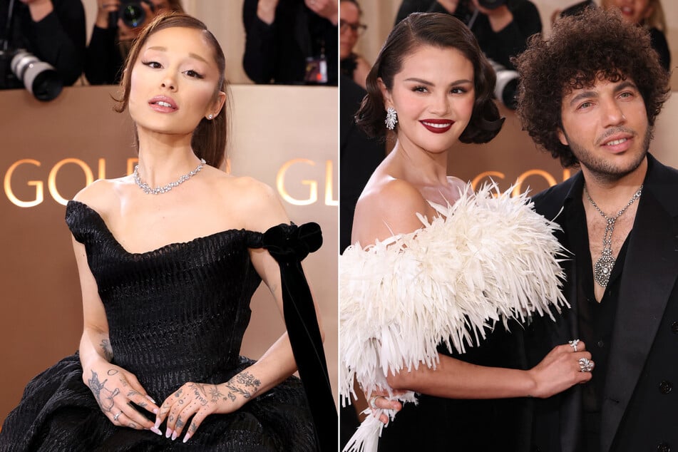 (From l. to r.) Ariana Grande, Selena Gomez, and Benny Blanco all opted for black fashion at Sunday's Golden Globes.
