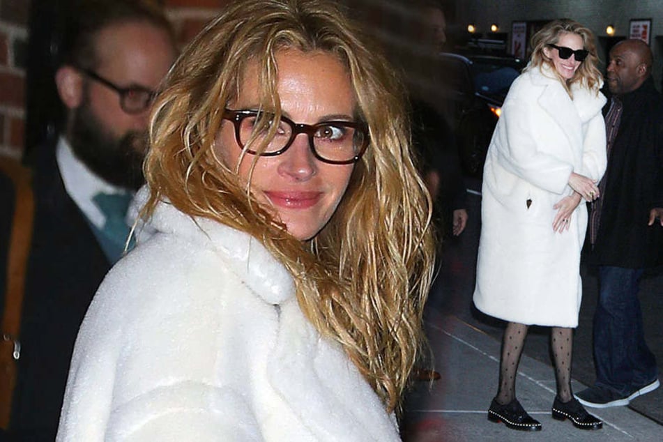Ihre Haare hängen schlaff herunter, Ärmchen und die dünnen Beine hat Julia Roberts (51) unter einer weiten Jacke versteckt.