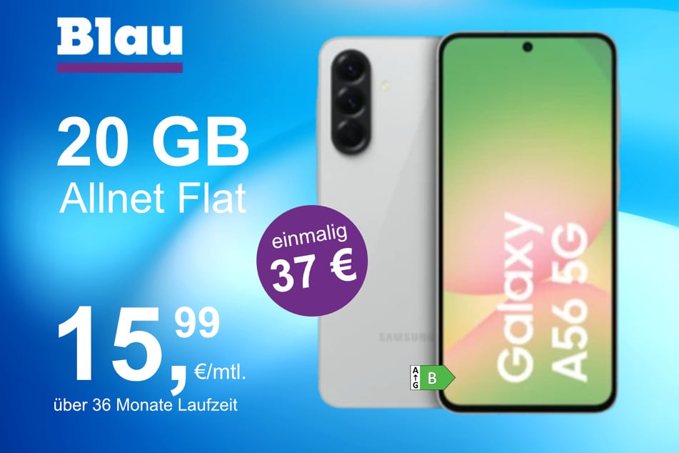 Das Samsung Galaxy A56 5G im Blau Allnet M für einmalig 37 Euro.